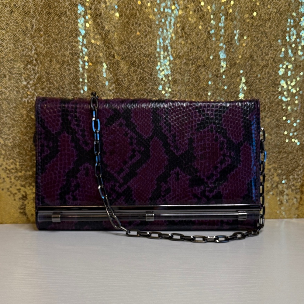 White House Black Market Purple/Black Faux Leather snakeskin clutch shoulder bag
